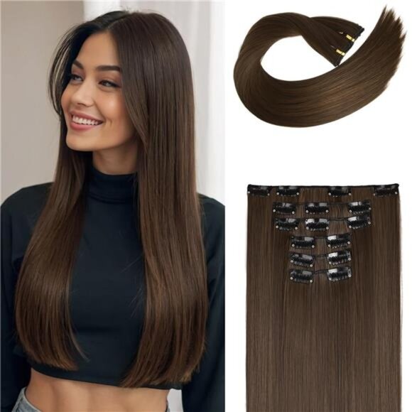 6PC Clip in Hair Extensions Chestnut Brown